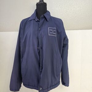 Hollister Men Navy Windbreaker Coach Jacket Sz Med Snap Button Pockets Logo X515